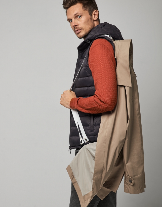 Beige tech fabric raincoat with grey quilted vest