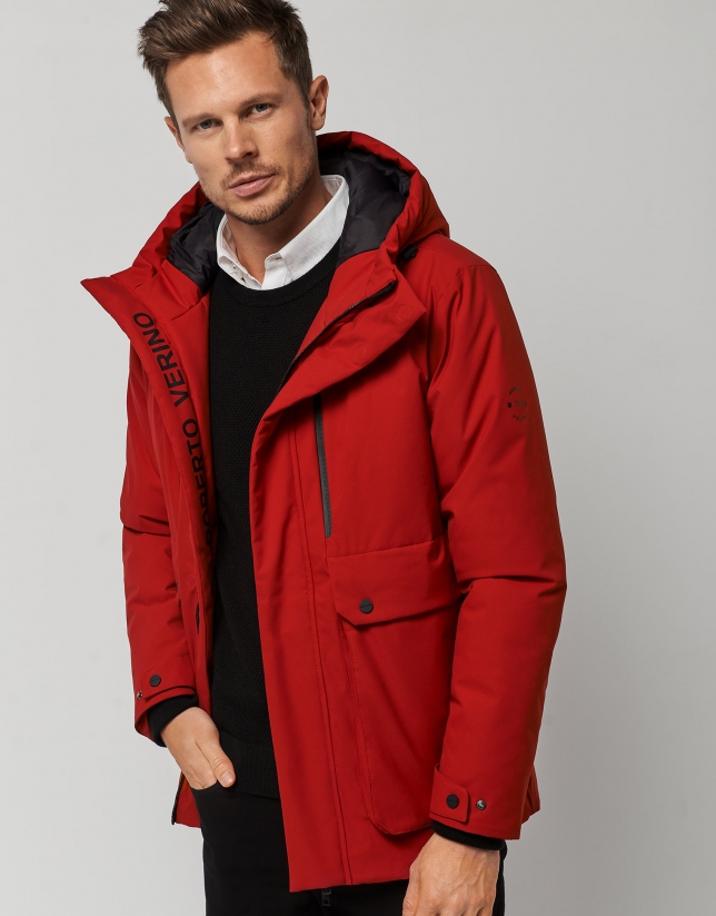Red quilted tech fabric parka 