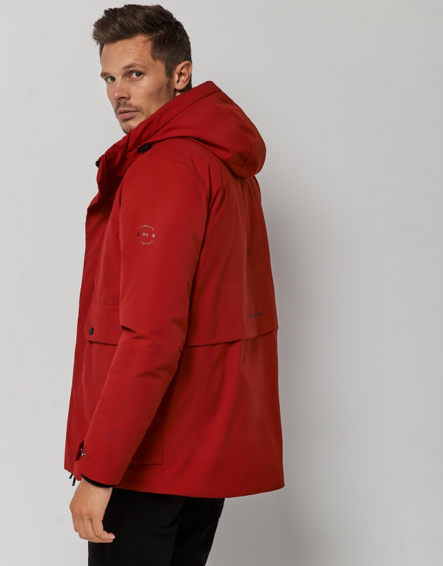 Red quilted tech fabric parka 