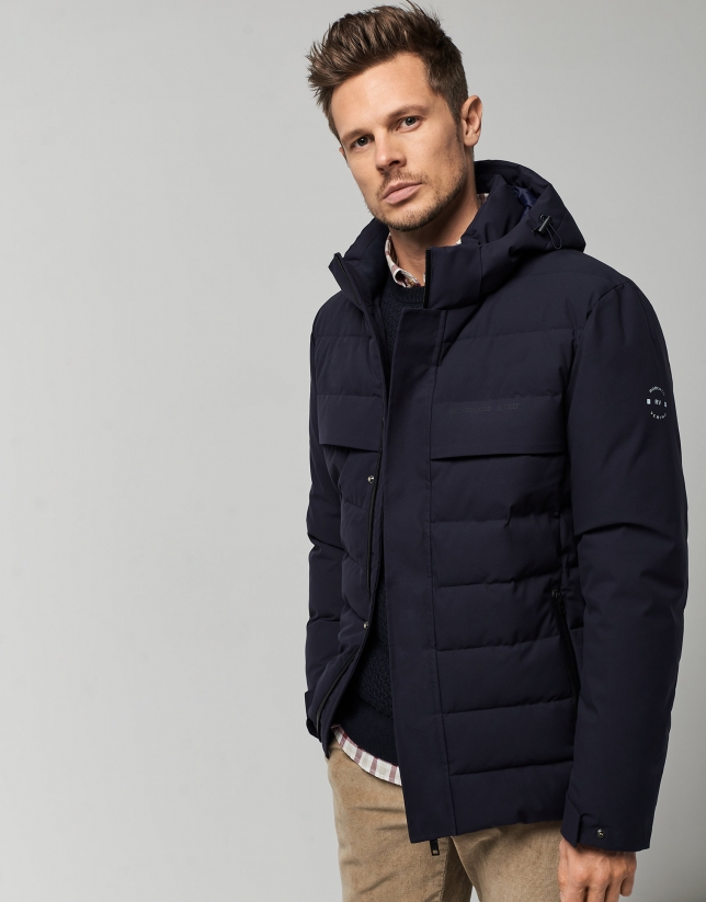 Navy blue quilted windbreake with hood