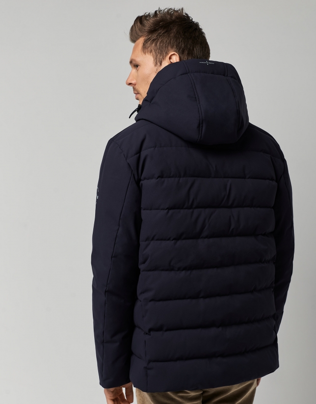 Navy blue quilted windbreake with hood