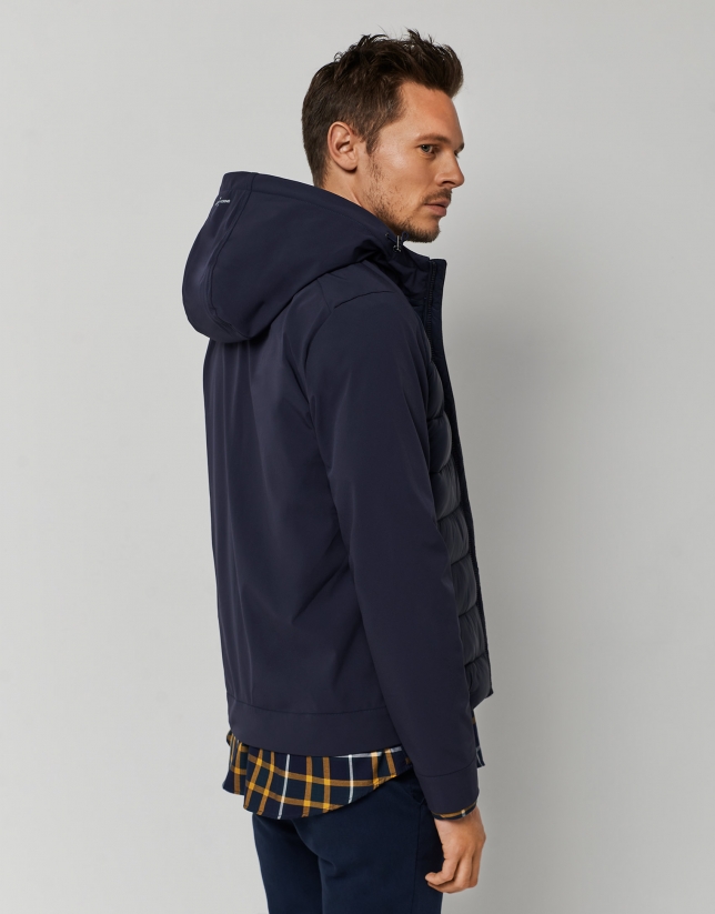Navy blue quilted windbreaker with combination of fabrics