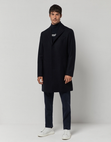 Navy blue wool coat with lapel collar