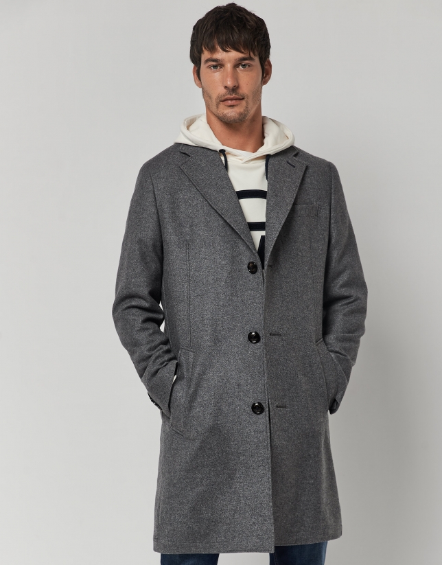 Melange grey wool coat with lapel collar