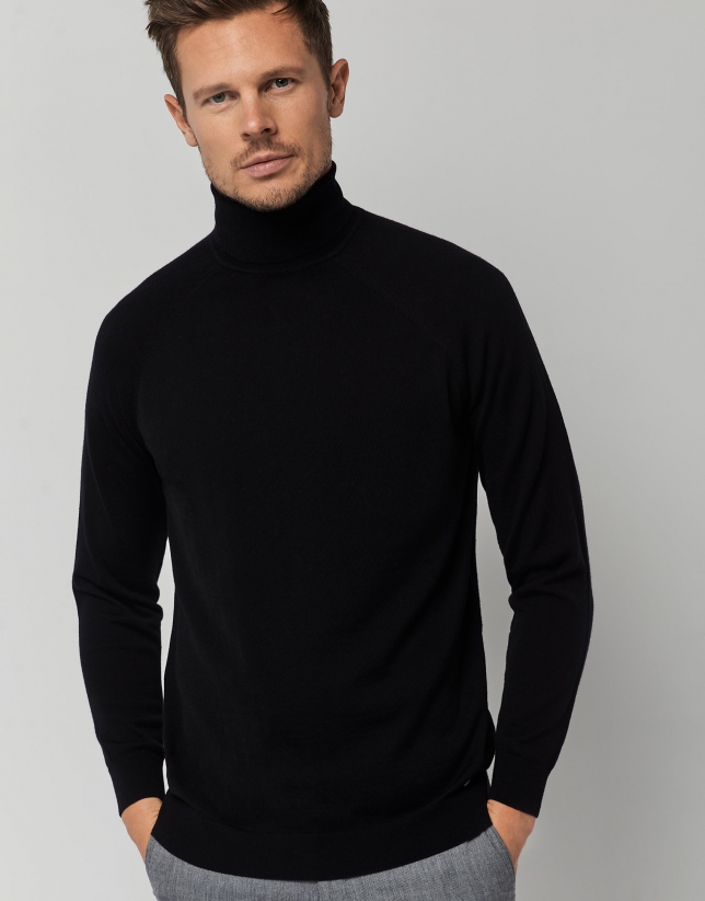 Black melange wool sweater with a turtleneck collar