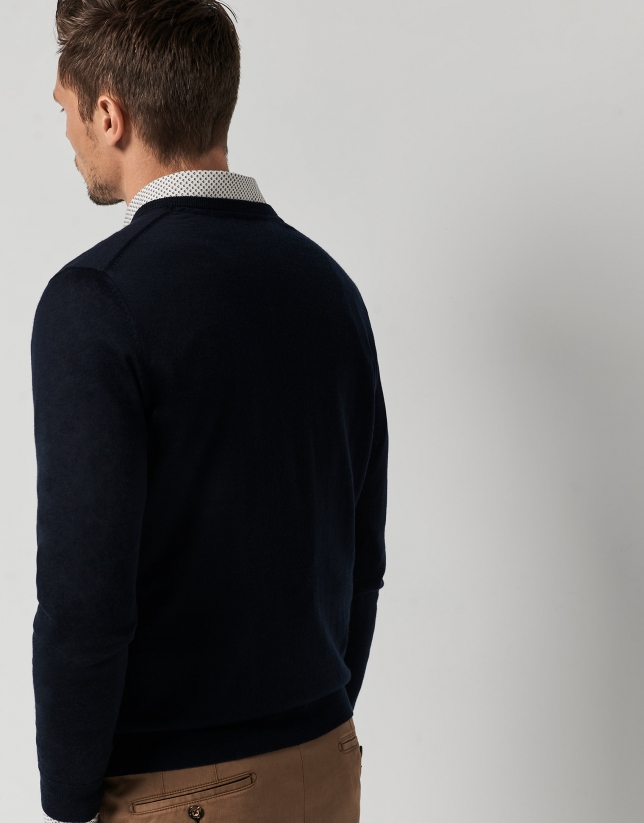 Navy blue wool sweater with V-neck 