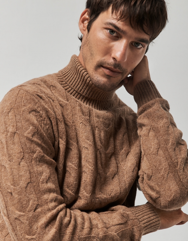 Camel structured wool sweater with a high collar