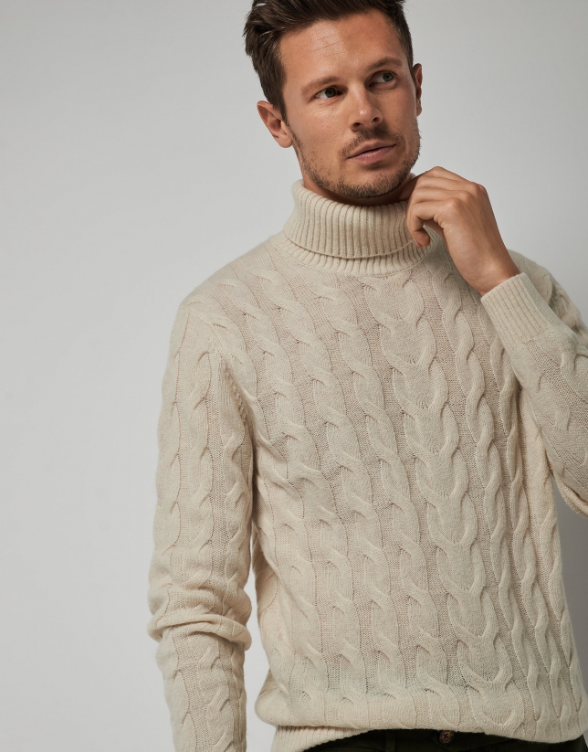 Beige structured wool sweater with a high collar