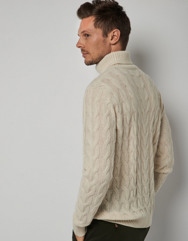 Beige structured wool sweater with a high collar
