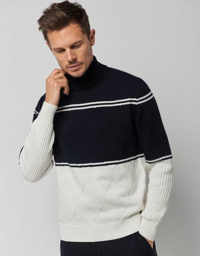 Navy blue and beige wool sweater with raised collar