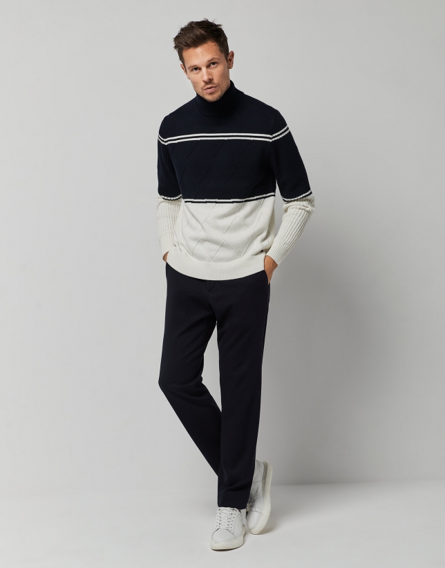 Navy blue and beige wool sweater with raised collar