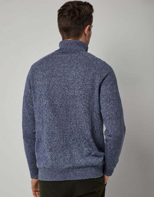Two-tone blue wool sweater with high collar
