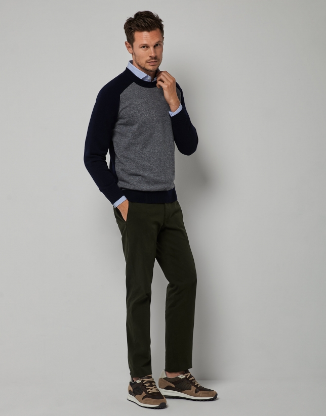 Gray and navy blue wool and cashmere sweater