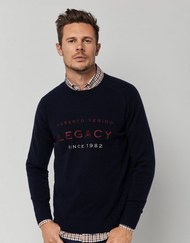 Navy blue wool sweater with contrasting embroidery