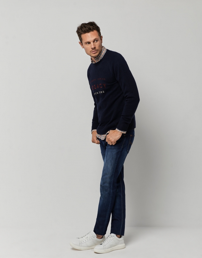 Navy blue wool sweater with contrasting embroidery