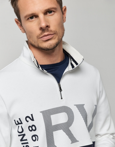 Navy blue and white sweatshirt with contrasting RV logo