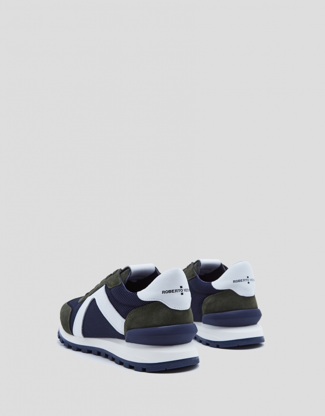 Khaki, navy blue and white sneakers