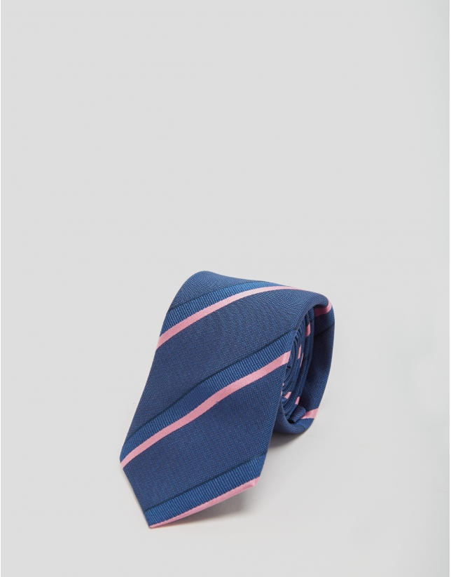 Navy blue silk tie with pink striped jacquard