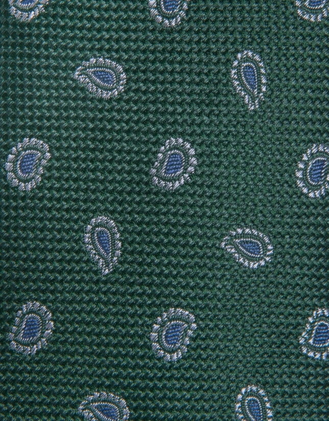 Green silk tie with blue paisley jacquard