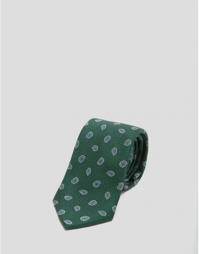 Green silk tie with blue paisley jacquard