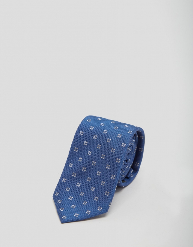 Blue silk tie with taupe floral print jacquard