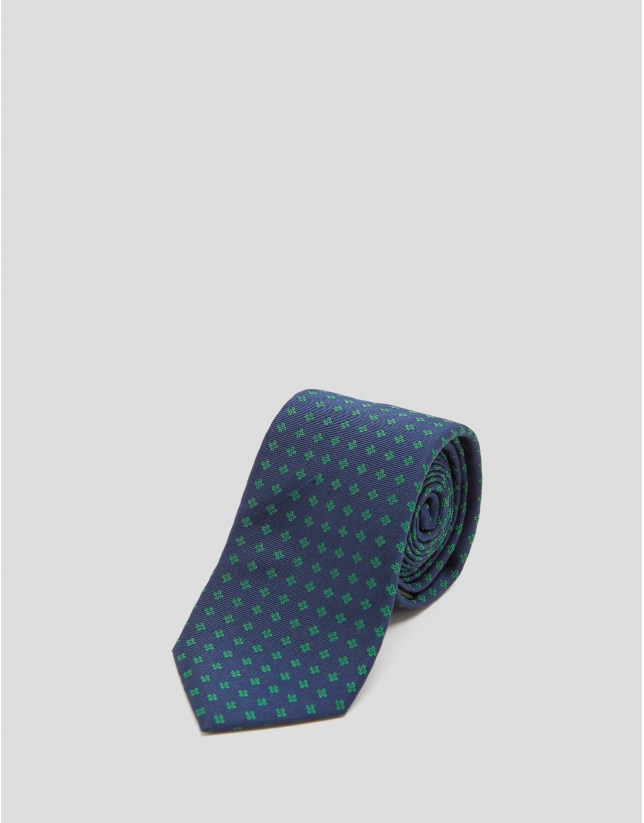 Blue silk tie with green floral print jacquard