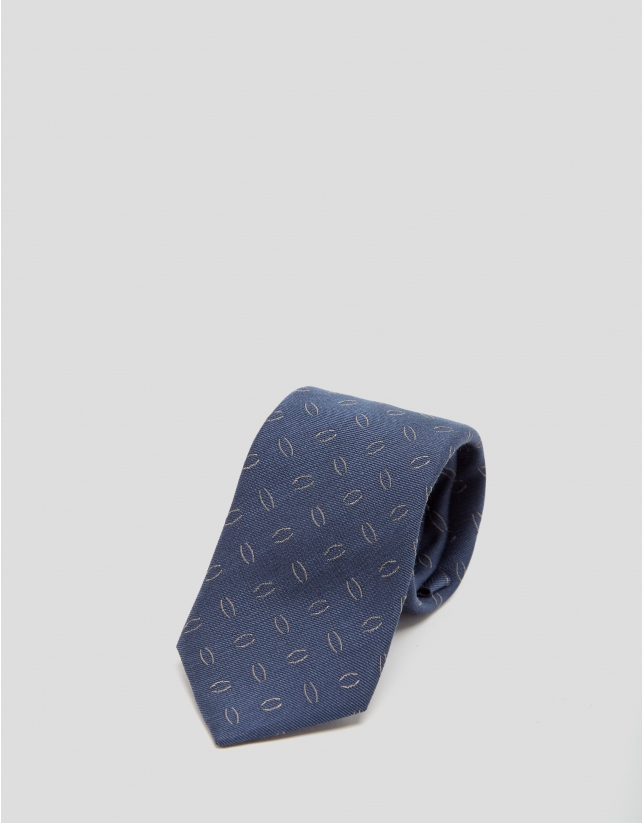 Blue silk tie with taupe wavy lined jacquard