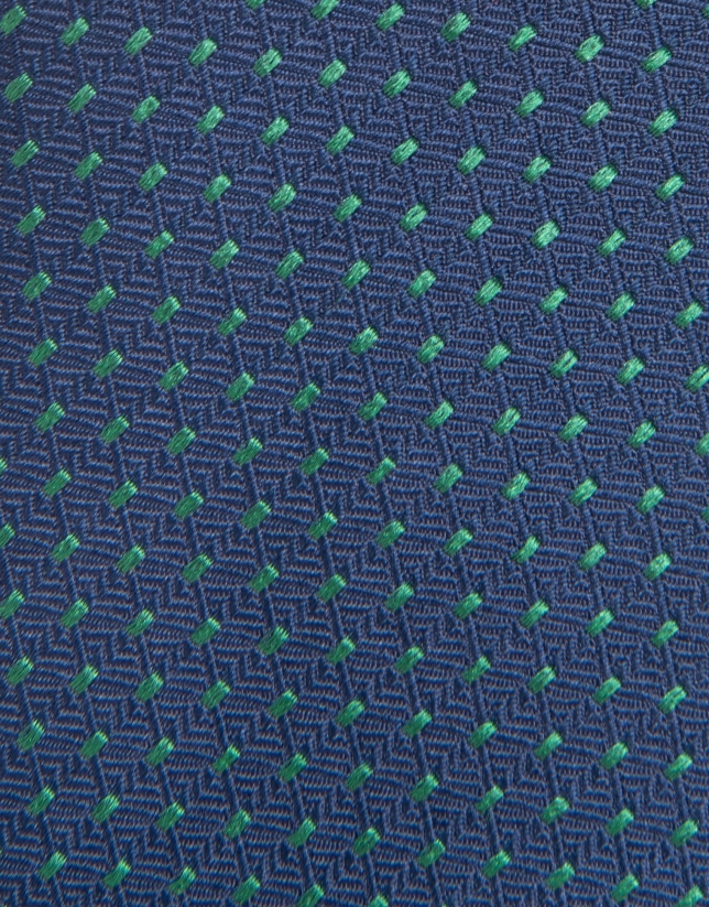 Blue silk tie with green geometric print jacquard