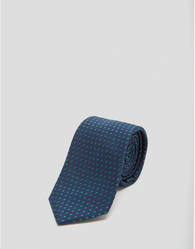 Blue silk tie with green geometric print jacquard