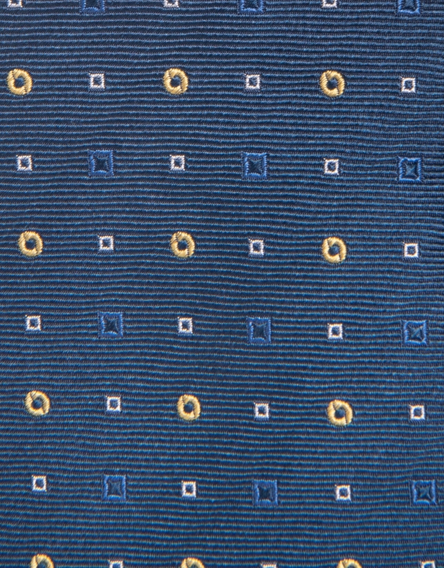Blue silk tie with yellow geometric print jacquard