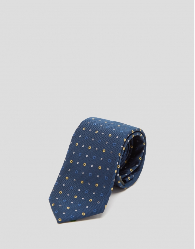 Blue silk tie with yellow geometric print jacquard