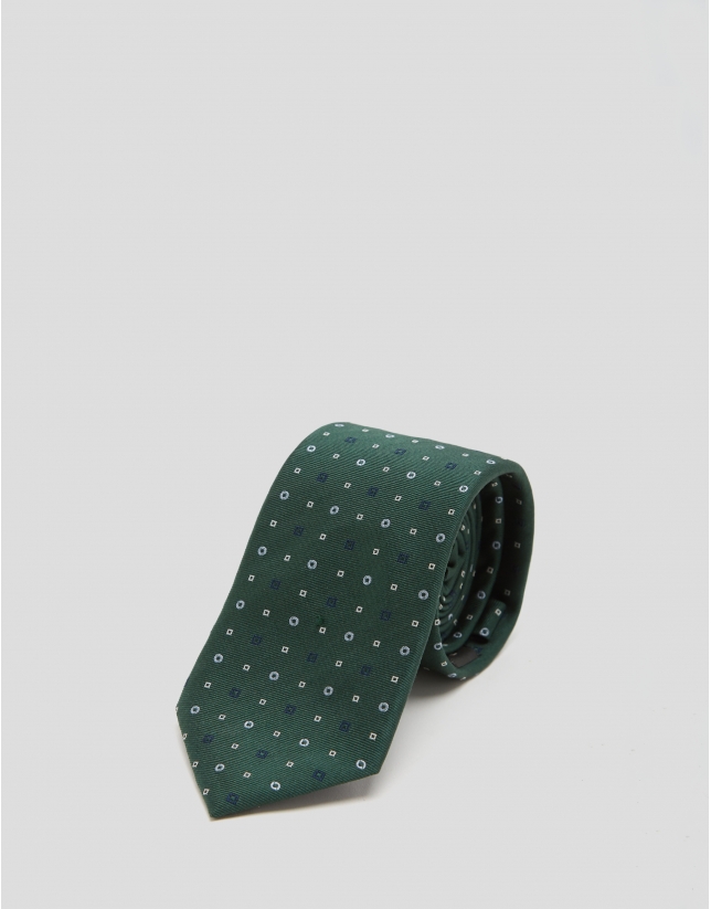 Green silk tie with blue geometric print jacquard