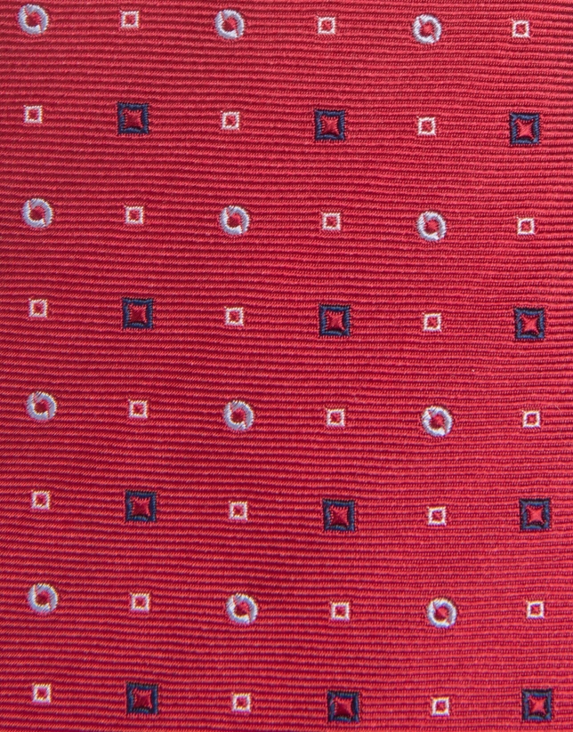Corbata seda roja jacquard geométrico blanco