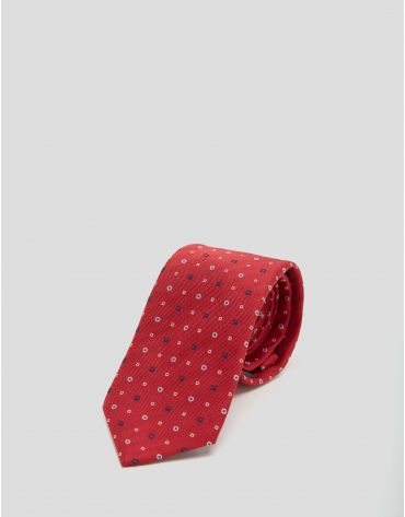 Red silk tie with white geometric print jacquard
