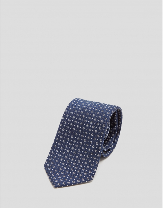 Navy blue silk tie with silver floral print jacquard