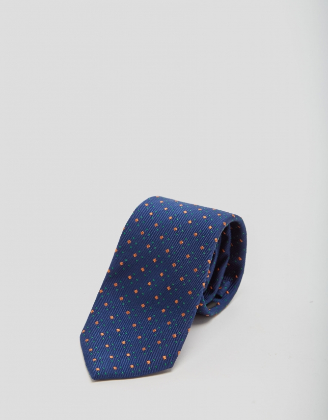 Blue silk tie with orange and green geometric print jacquard