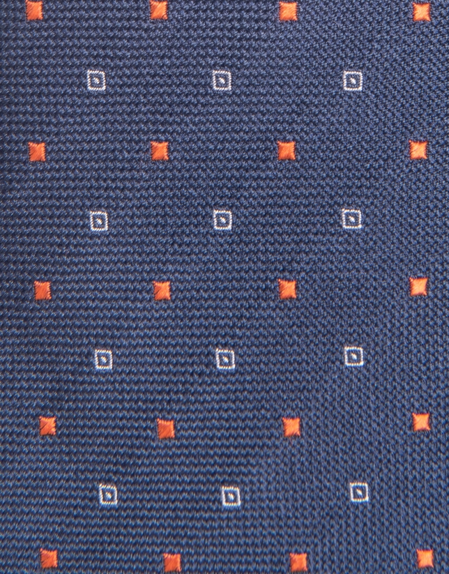 Blue silk tie with orange and beige geometric print jacquard 