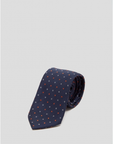 Blue silk tie with orange and beige geometric print jacquard 