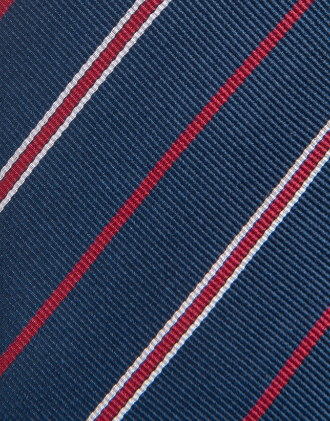 Navy blue silk tie with red and white stripes