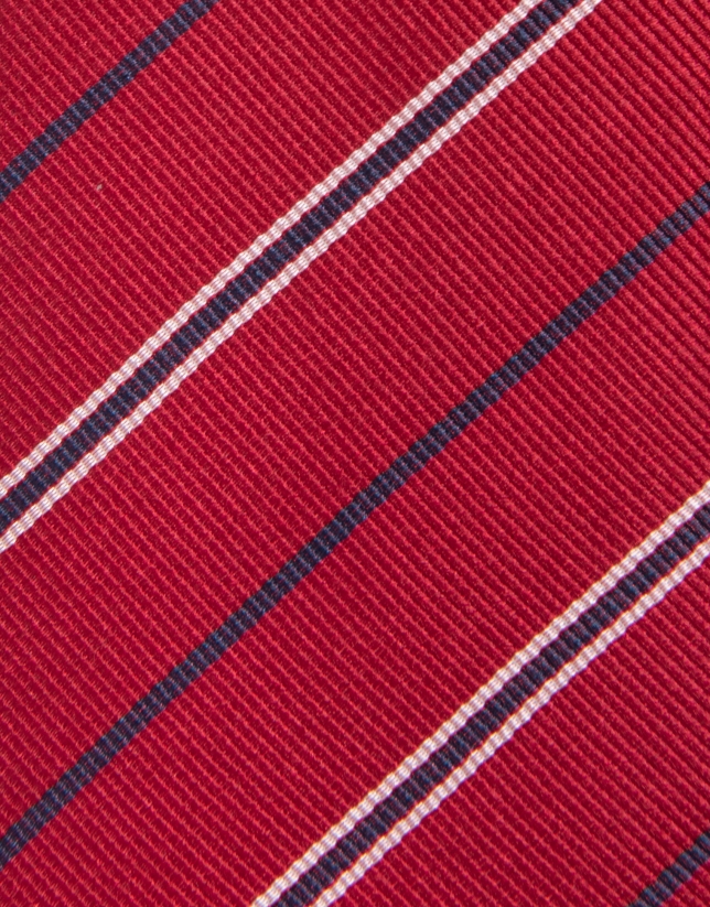 Corbata seda roja franjas marino/blanco