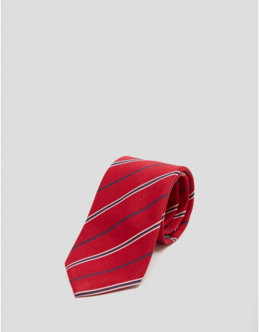 Red silk tie with navy blue and white stripes