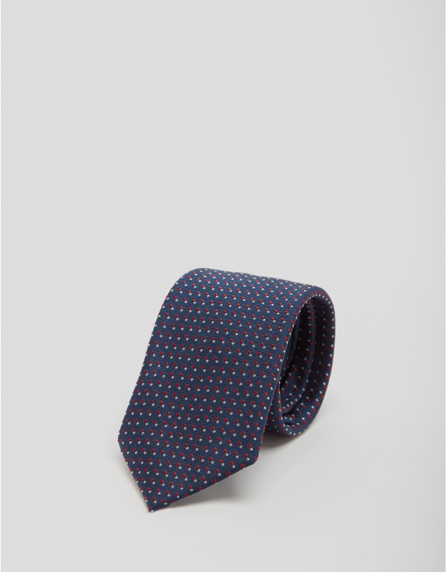 Blue silk tie with gray and red geometric print jacquard