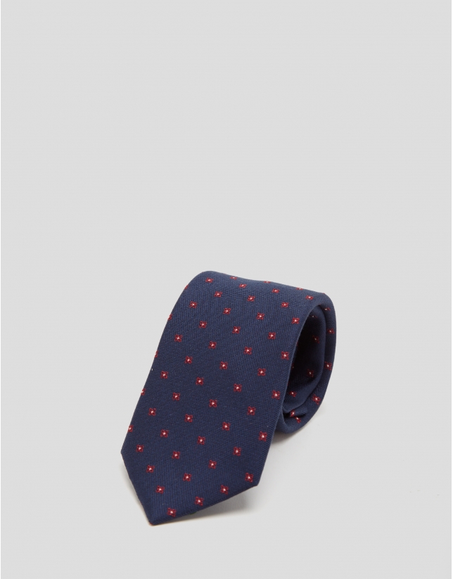 Navy blue silk tie with red floral print jacquard