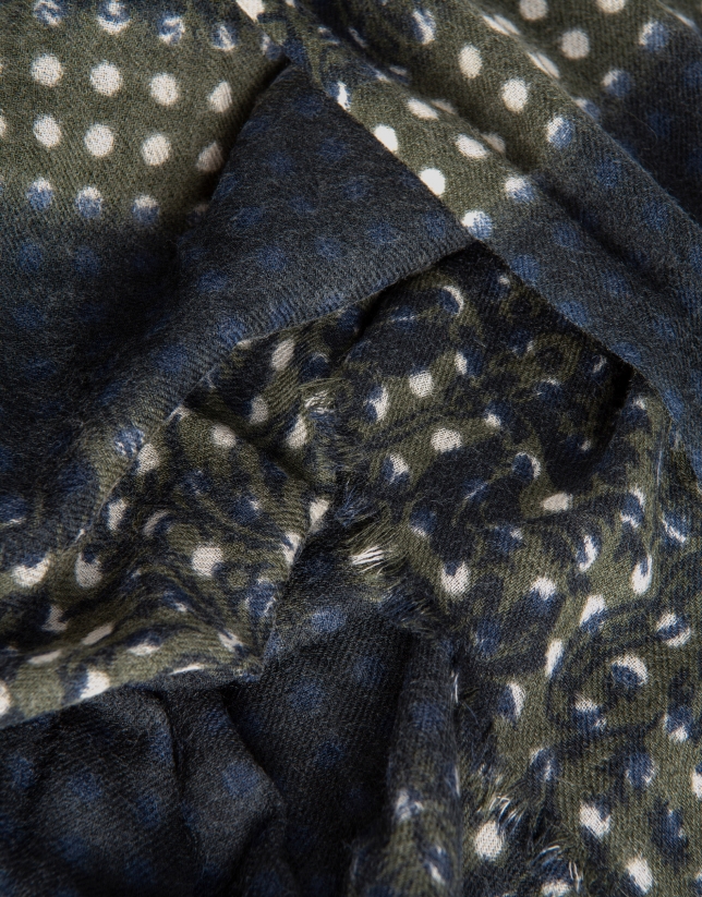 Beige and indigo wool dotted foulard