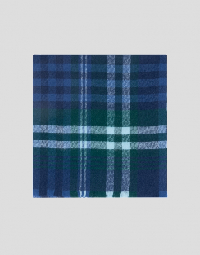 Green, navy blue and beige checked wool scarf