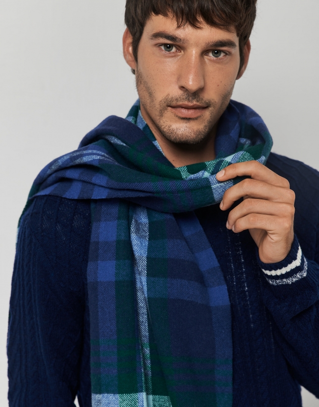 Green, navy blue and beige checked wool scarf