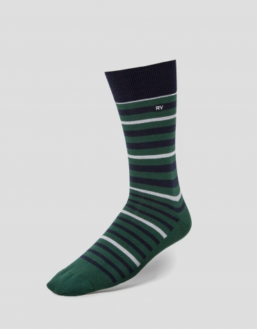 Two pairs of socks, one with a navy blue and yellow design and the other with navy blue and green stripes