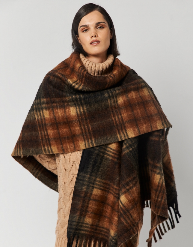 Brown checked poncho with fringe