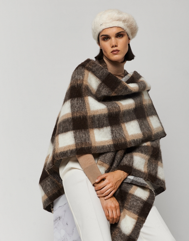 Poncho a cuadros beige crudo - Mujer - OI2022 | Roberto Verino