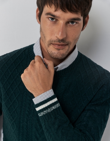 Green cable-knit wool sweater with stripes on the cuffs